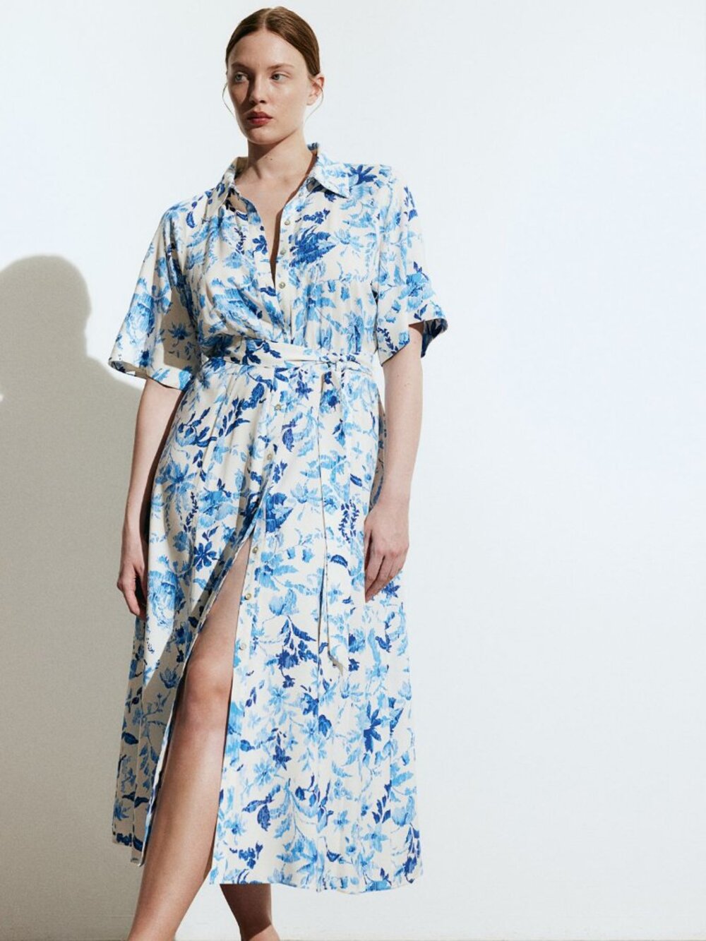 H&M Belted Button-Down Floral Midi Shirt Dress L Large